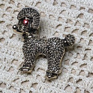 Vintage 1950s ES French Poodle Brooch Gold-Tone Lapel Pin Red Rhinestone Eye